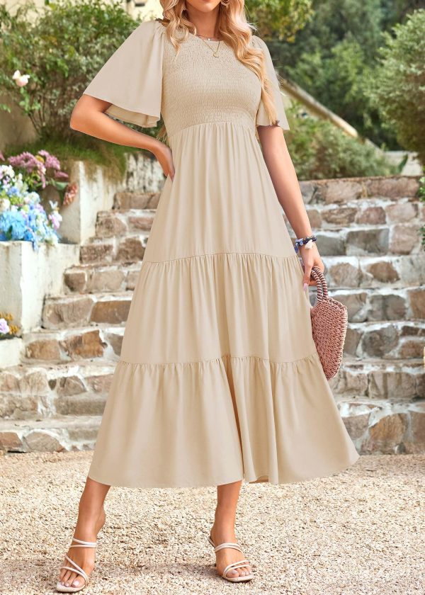 Womens Fashion 2025 Spring Summer Casual Flutter Short Sleeve Midi Dress Smocked Tiered Aline Going Out Dresses