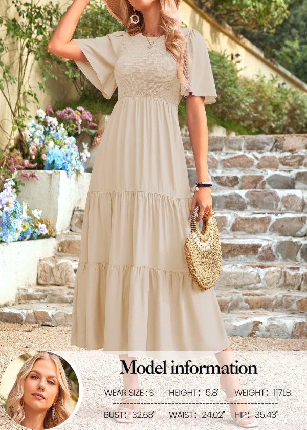 Womens Fashion 2025 Spring Summer Casual Flutter Short Sleeve Midi Dress Smocked Tiered Aline Going Out Dresses