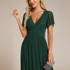 Women's Summer Wedding Guest Dress Glitter V Neck Pleated Short Sleeves Evening Mother Dresses 11961