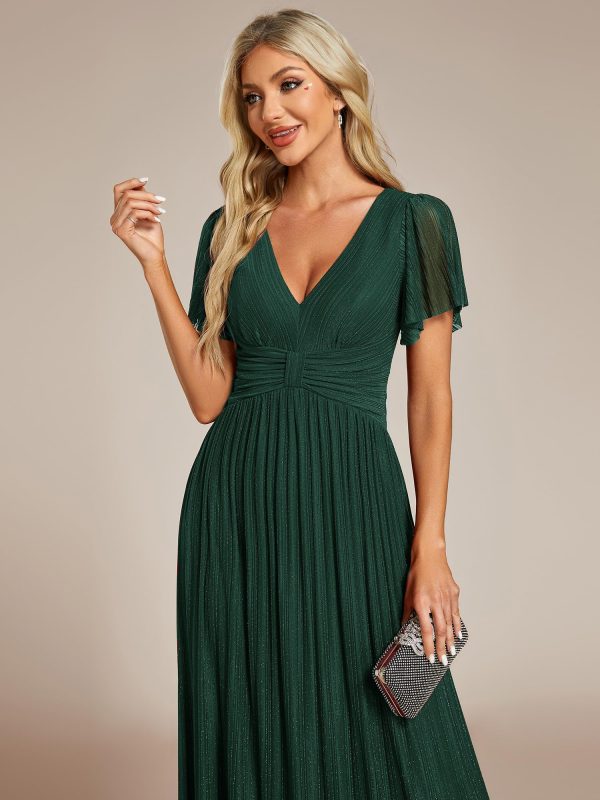 Women's Summer Wedding Guest Dress Glitter V Neck Pleated Short Sleeves Evening Mother Dresses 11961