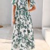Women Puff Sleeve Boho Floral Maxi Dress 2025 Spring Summer Button Shirt V Neck Flowy Belted Beach Vacation Dresses