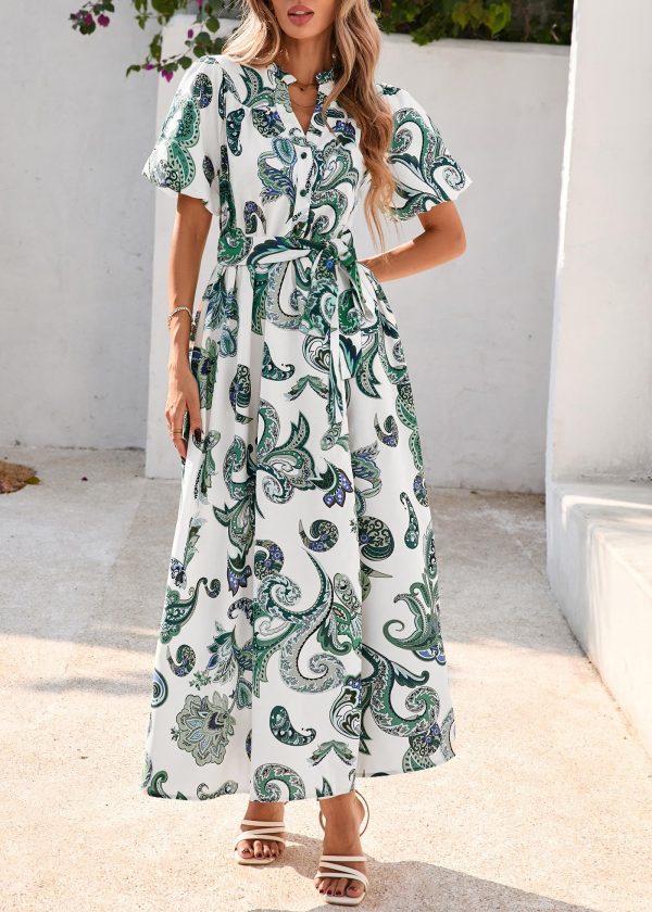 Women Puff Sleeve Boho Floral Maxi Dress 2025 Spring Summer Button Shirt V Neck Flowy Belted Beach Vacation Dresses