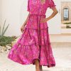 Summer Casual Bohemian Floral Dresses for Women Puff Short Sleeve Long Maxi Dress with Pockets ETX