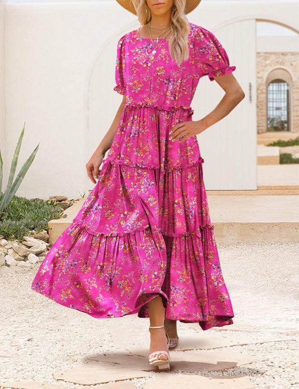 Summer Casual Bohemian Floral Dresses for Women Puff Short Sleeve Long Maxi Dress with Pockets ETX