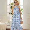 2025 Women's Criss Cross Halterneck Sleeveless Summer Floral Print Flowy A Line Maxi Dress