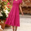 Women Casual Summer Short Ruffles Tiered Sleeve Smocked Midi Dresses Bohemian Floral V Neck Wedding Guest Long Dresses