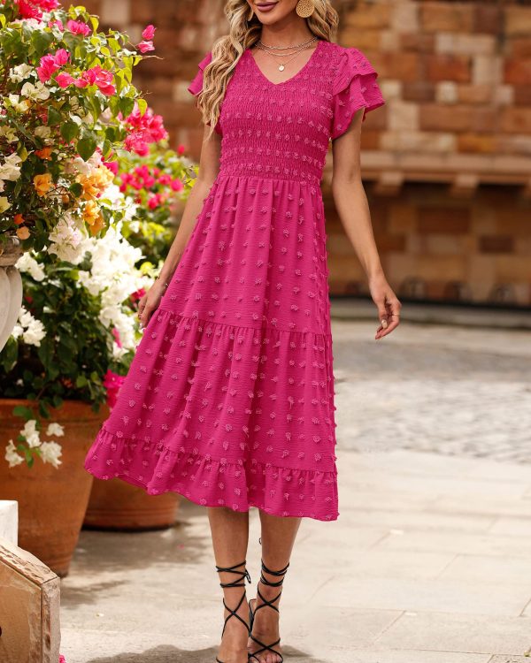 Women Casual Summer Short Ruffles Tiered Sleeve Smocked Midi Dresses Bohemian Floral V Neck Wedding Guest Long Dresses