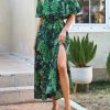 Women Ruffle Floral Maxi Summer Dress Off Shoulder Short Sleeve Backless Flounce Bodice Slit Hem Beach Dresses