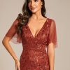 Women's Sequin Sparkly V-Neck Short Sleeve Maxi Evening Dress 00734