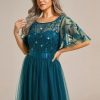 Women's Round Neck Short Sleeves Plus Size A-Line Tulle Sequin Formal Evening Dresses 0904-DA2