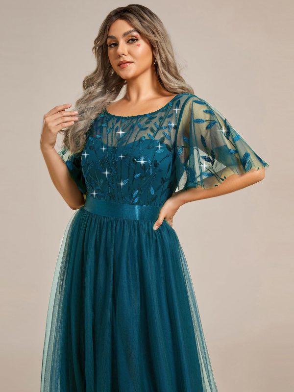 Women's Round Neck Short Sleeves Plus Size A-Line Tulle Sequin Formal Evening Dresses 0904-DA2