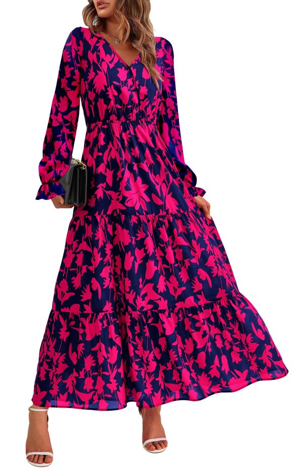 Women Spring Dresses 2025 Casual Long Sleeve V Neck Maxi Dresses Floral Boho Long Dress Wedding Guest Dress