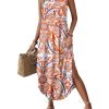 Women Floral Summer Dress Casual Beach Dress Printed Tank Dress with Pockets Pleated Front Long Dress