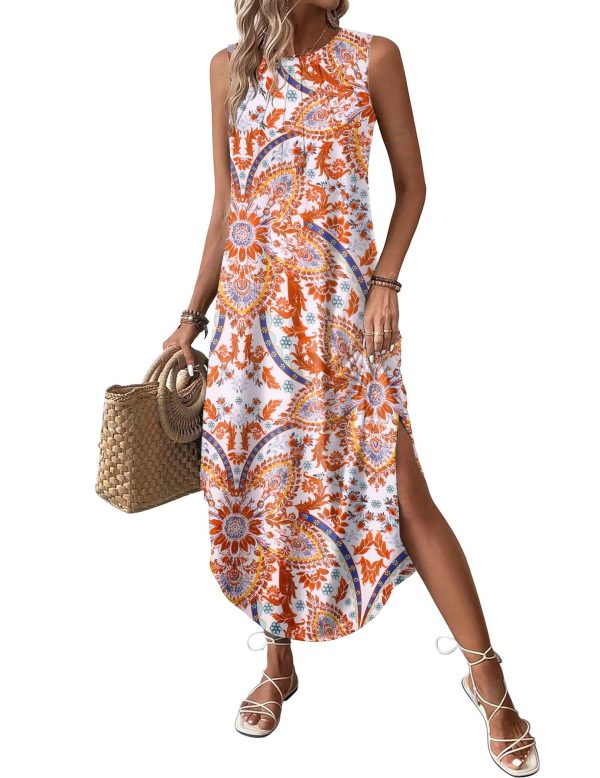 Women Floral Summer Dress Casual Beach Dress Printed Tank Dress with Pockets Pleated Front Long Dress
