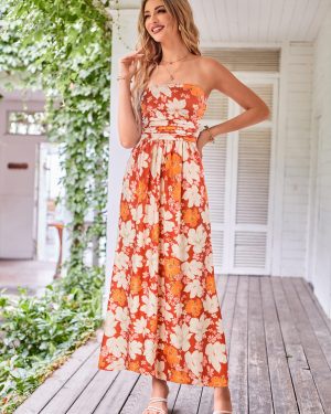 Women Strapless Casual Loose Ruched Long Maxi Dress with Pockets