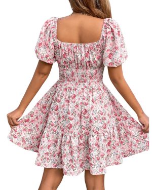 Women's Boho Square Neck Puff Short Sleeve Self Tie Front A Line Dress