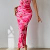 Women's Summer Maxi Bodycon Dresses Strapless Tube Top Slit Floral Printed Party Club Long Dress
