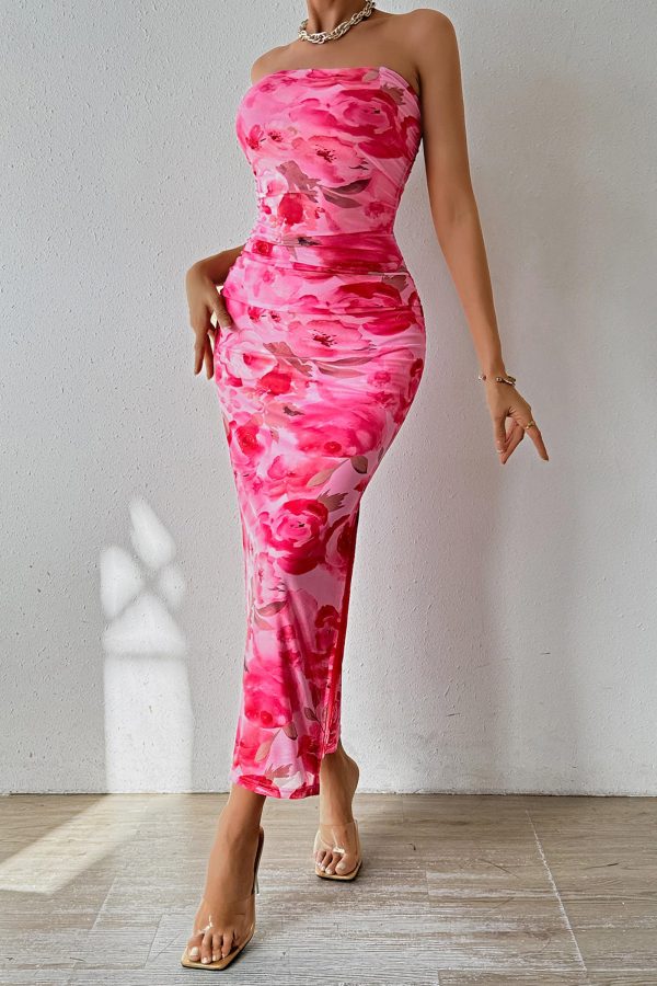 Women's Summer Maxi Bodycon Dresses Strapless Tube Top Slit Floral Printed Party Club Long Dress