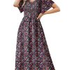 Womens Dresses 2025 Square Neck Tie Backless Summer Dresses Cap Sleeve Floral Buttoned Empire Waist Maxi Dress