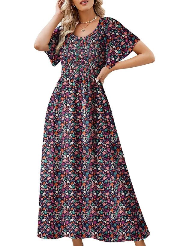 Womens Dresses 2025 Square Neck Tie Backless Summer Dresses Cap Sleeve Floral Buttoned Empire Waist Maxi Dress