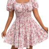 Women's Boho Square Neck Puff Short Sleeve Self Tie Front A Line Dress
