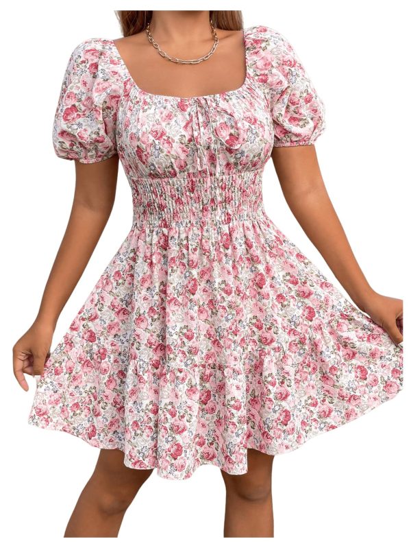 Women's Boho Square Neck Puff Short Sleeve Self Tie Front A Line Dress