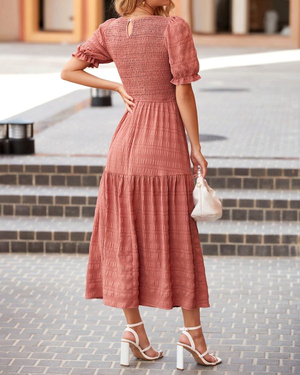 Womens Summer Dresses 2025 Casual Puff Short Sleeve Crewneck Smocked Flowy Ruffle Boho Beach Party Maxi Sundress