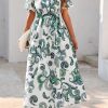 Women Puff Sleeve Boho Floral Maxi Dress 2025 Spring Summer Button Shirt V Neck Flowy Belted Beach Vacation Dresses
