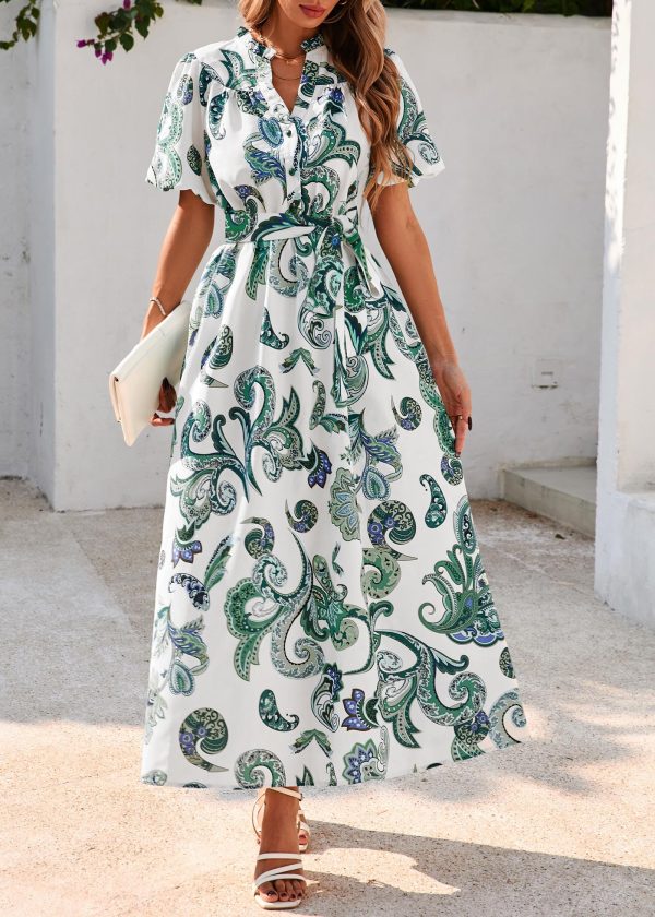Women Puff Sleeve Boho Floral Maxi Dress 2025 Spring Summer Button Shirt V Neck Flowy Belted Beach Vacation Dresses