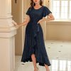 Women Sequin Formal Party Dress Flutter Short Sleeve Wedding Cocktail Long Evening Dress