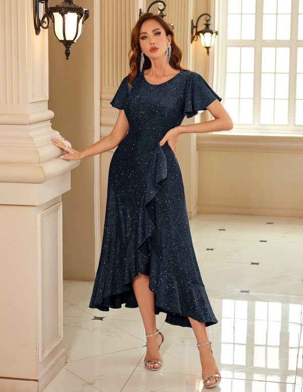Women Sequin Formal Party Dress Flutter Short Sleeve Wedding Cocktail Long Evening Dress
