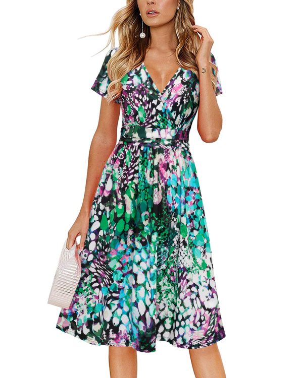 Womens Summer Short Sleeve Casual Dresses V Neck Floral Vacation Sundress Faux Wrap Midi Dress with Pockets
