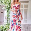 Women Strapless Casual Loose Ruched Long Maxi Dress with Pockets