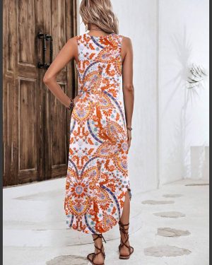 Women Floral Summer Dress Casual Beach Dress Printed Tank Dress with Pockets Pleated Front Long Dress