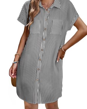 Womens Button Down Shirt Dress Summer Cotton Linen Dress V-Neck Mini Dress Casual Short Sleeve Loose Tunic Dresses