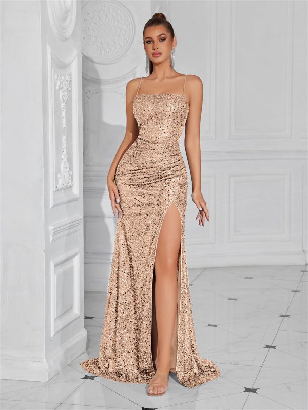 Elegant Evening Dress Women Party Long Formal Dress Sequined Strap Ladies Gown Bodycon Floor Length Female Outfits