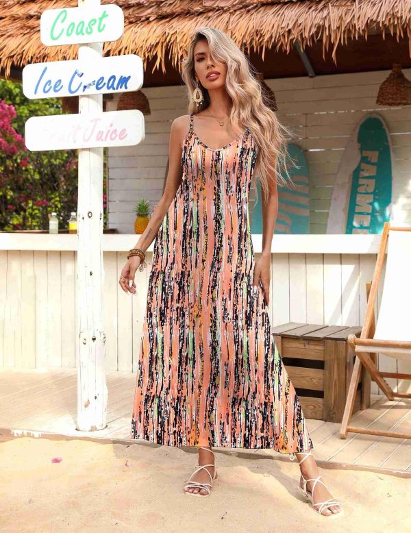 Womens Summer Maxi Dress Spaghetti Strap Casual Printed Dress Boho Floral Beach Sundress,