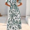 Women Puff Sleeve Boho Floral Maxi Dress 2025 Spring Summer Button Shirt V Neck Flowy Belted Beach Vacation Dresses