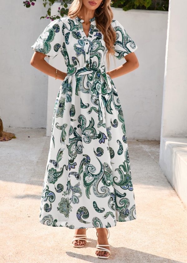 Women Puff Sleeve Boho Floral Maxi Dress 2025 Spring Summer Button Shirt V Neck Flowy Belted Beach Vacation Dresses
