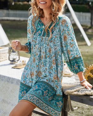 Women's Boho Mini Dress: Summer Floral 3/4 Long Sleeve V Neck Flowy Loose Casual Beach Dresses