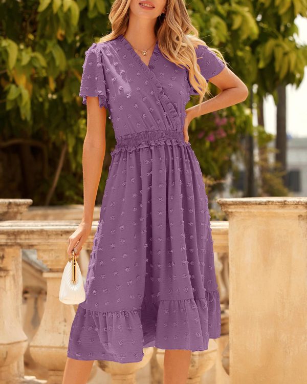 Women Short Sleeve V Neck Swiss Dot Midi Summer Dresses 2024 Boho Ruffle Long Dresses Ruffle Wedding Guest Dress
