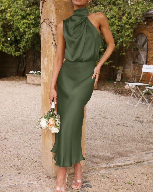 Womens Sleeveless Cocktail Dresses Mock Neck Keyhole Elastic High Waist Evening Party Maxi Wedding Guest Dress