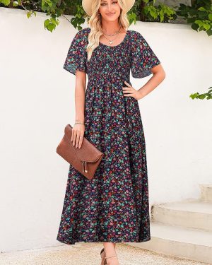 Womens Dresses 2025 Square Neck Tie Backless Summer Dresses Cap Sleeve Floral Buttoned Empire Waist Maxi Dress