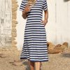 Women 2025 Casual Maxi Dress Short Sleeve V Neck Stripe Sundress Split Loose Long Summer Tshirt Activewear Dress