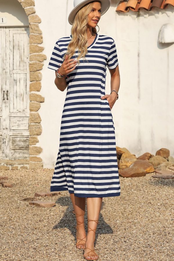 Women 2025 Casual Maxi Dress Short Sleeve V Neck Stripe Sundress Split Loose Long Summer Tshirt Activewear Dress