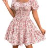 Women's Boho Square Neck Puff Short Sleeve Self Tie Front A Line Dress
