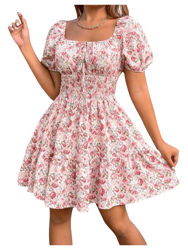 Women's Boho Square Neck Puff Short Sleeve Self Tie Front A Line Dress