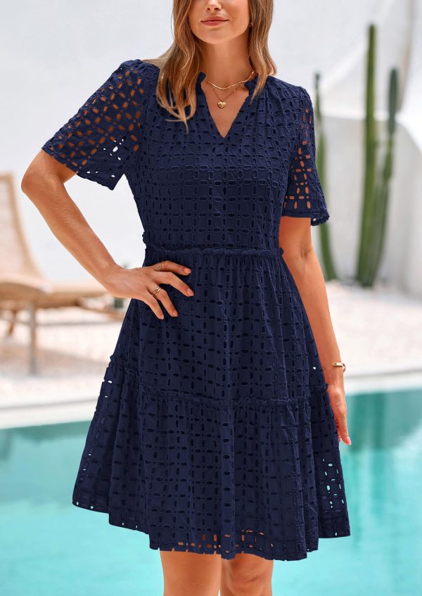 Summer Dresses for Women 2025 V Neck Hollow Out Eyelet Ruffle A Line Swing Short Beach Vacation Dress