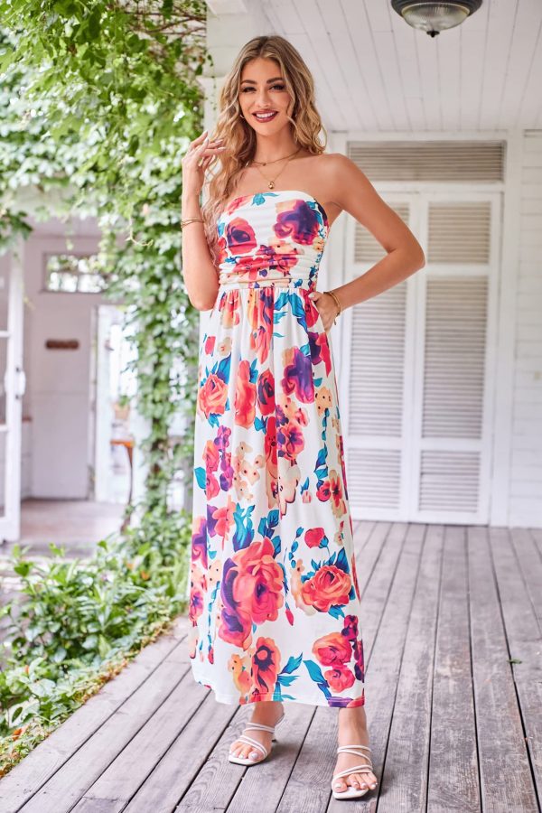 Women Strapless Casual Loose Ruched Long Maxi Dress with Pockets