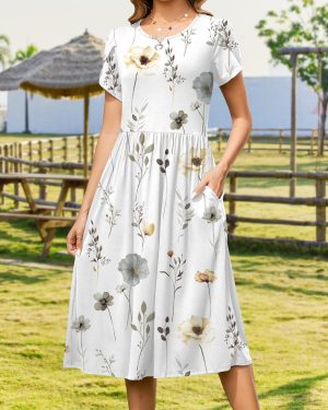 Women Summer Short Sleeve Midi Dress with Pockets Casual Aline Flowy Tshirt Dress Floral Vocation Beach Sundress